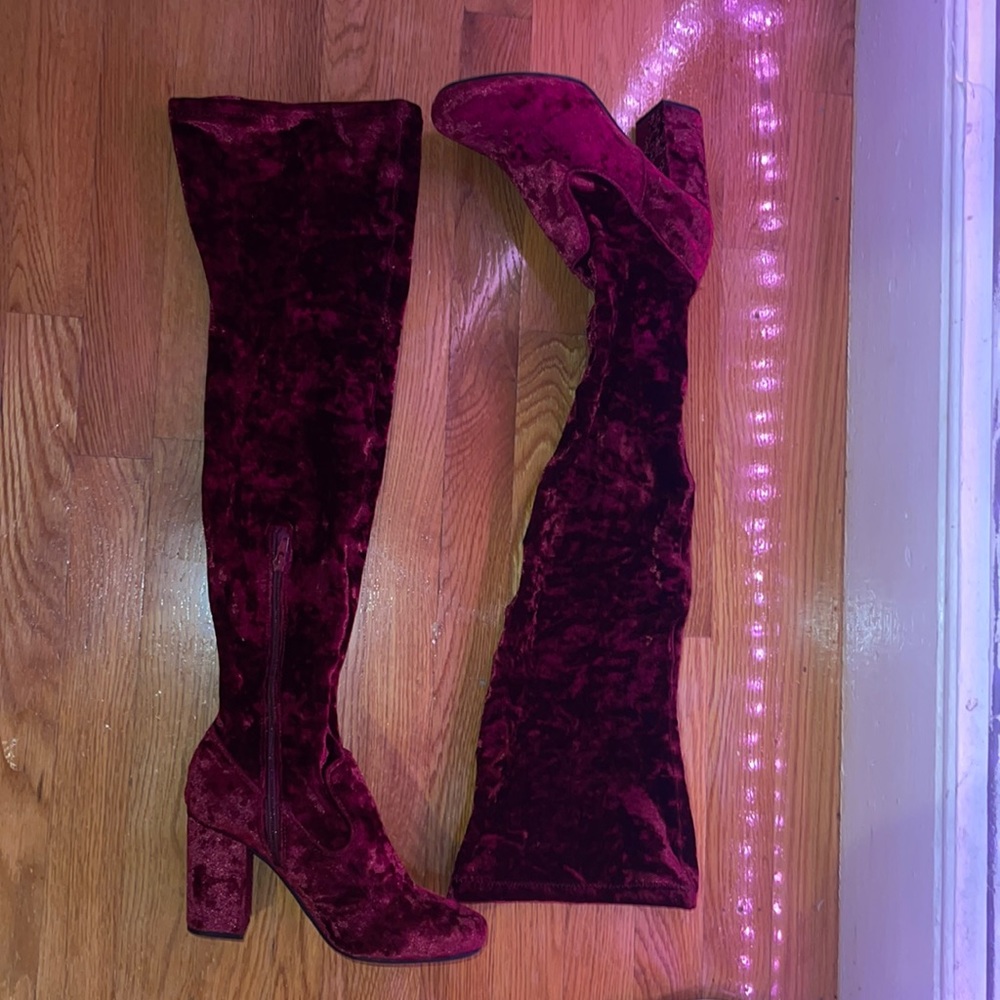 Velvet maroon color over the knee heel boots size 9